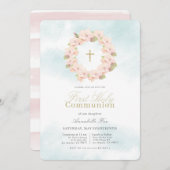 ピンクさくらんぼブロッサムリースファーストホーリーコミュニオン 招待状 (正面/裏面)