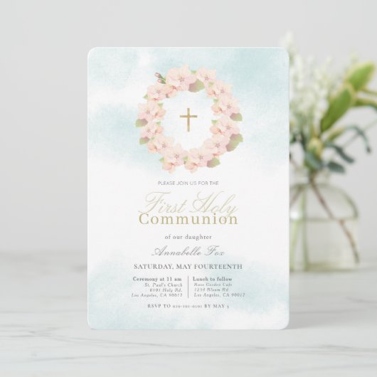 ピンクさくらんぼブロッサムリースファーストホーリーコミュニオン 招待状 (スタンド正面)