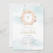 ピンクさくらんぼブロッサムリースファーストホーリーコミュニオン 招待状 (正面)