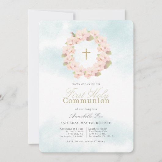 ピンクさくらんぼブロッサムリースファーストホーリーコミュニオン 招待状 (正面)