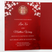 ピンクさくらんぼブロッサムレッド |写真中国の結婚の 三つ折り招待状 (内部最初)