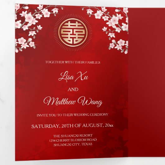 ピンクさくらんぼブロッサムレッド |写真中国の結婚の 三つ折り招待状 (内部最初)