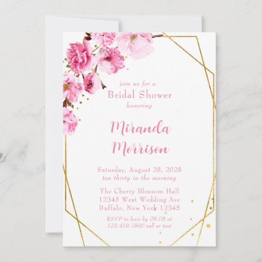 ピンクさくらんぼブロッサム幾何学ブライダルシャワー 招待状 (正面)