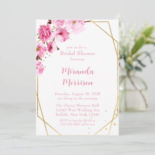 ピンクさくらんぼブロッサム幾何学ブライダルシャワー 招待状 (スタンド正面)