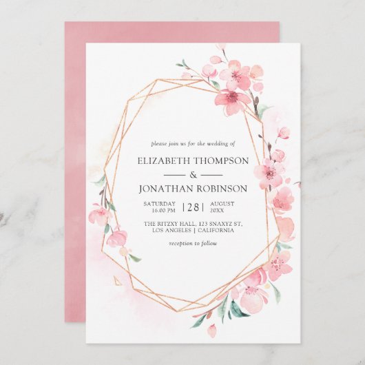 ピンクさくらんぼブロッサム幾何学春の結婚式 招待状 (正面/裏面)