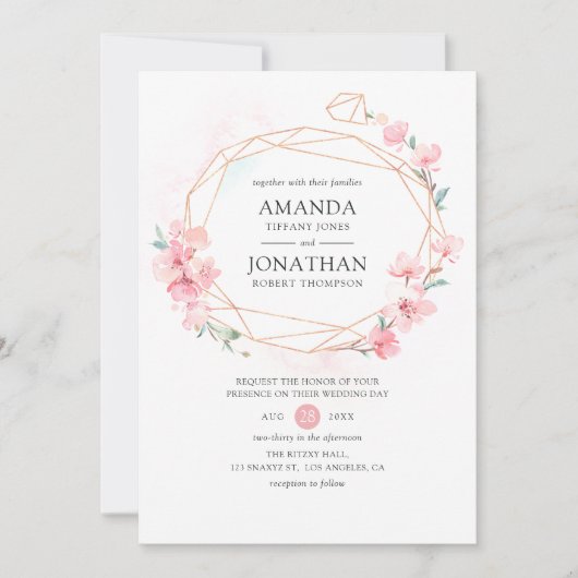 ピンクさくらんぼブロッサム幾何学春の結婚式 招待状 (正面)