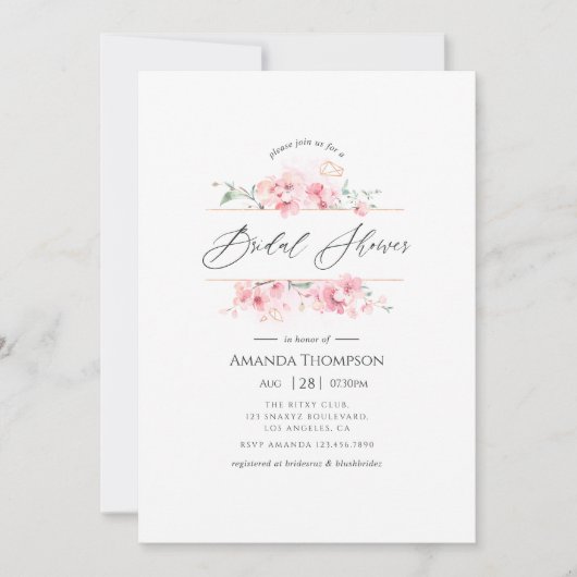 ピンクさくらんぼブロッサム幾何学春ブライダルシャワー 招待状 (正面)