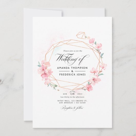 ピンクさくらんぼブロッサム幾何学的春の結婚式写真 招待状 (正面)