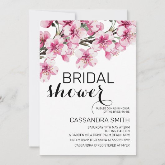 ピンクさくらんぼブロッサム桜フラワーブライダルシャワー 招待状 (正面)