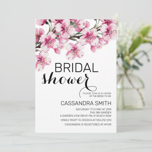 ピンクさくらんぼブロッサム桜フラワーブライダルシャワー 招待状 (スタンド正面)