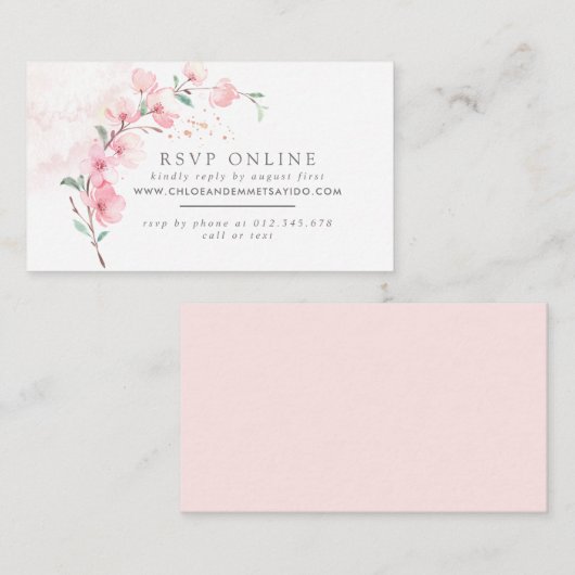 ピンクさくらんぼブロッサム結婚フローラのWebサイトRSVP エンクロージャーカード (正面/裏面)