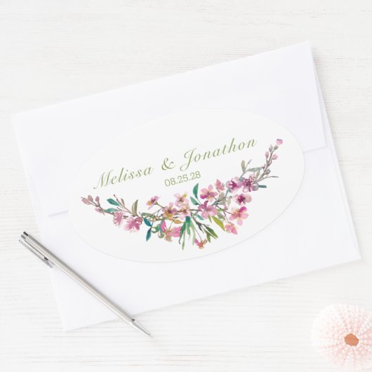 ピンクさくらんぼブロッサム結婚フローラ 楕円形シール (封筒)
