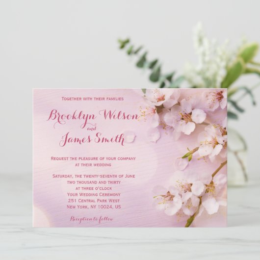 ピンクさくらんぼブロッサム結婚式招待状 招待状 (スタンド正面)