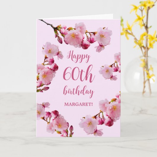 ピンクさくらんぼブロッサム花模様ハッピー60誕生日 カード (黄色い花)