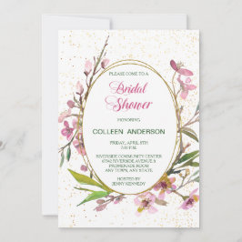 ピンクさくらんぼブロッサム金ゴールドフレームブライダルシャワー 招待状