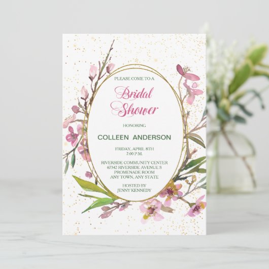ピンクさくらんぼブロッサム金ゴールドフレームブライダルシャワー 招待状 (スタンド正面)