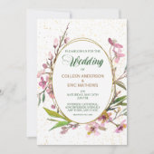 ピンクさくらんぼブロッサム金ゴールドフレーム結婚式招待状 招待状 (正面)