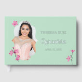 ピンクさくらんぼミントグリーンパーソナライズされた写真 ゲストブック (正面)