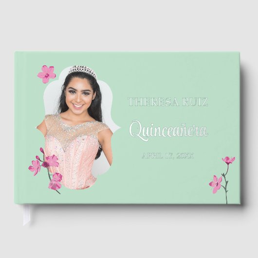 ピンクさくらんぼミントグリーンパーソナライズされた写真 ゲストブック (正面)