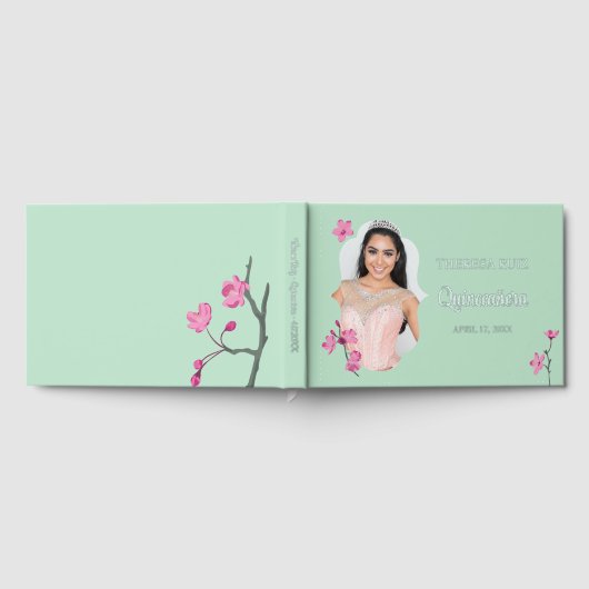 ピンクさくらんぼミントグリーンパーソナライズされた写真 ゲストブック (全面)