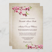 ピンクさくらんぼヴィンテージタン結婚ズ 招待状 (正面/裏面)