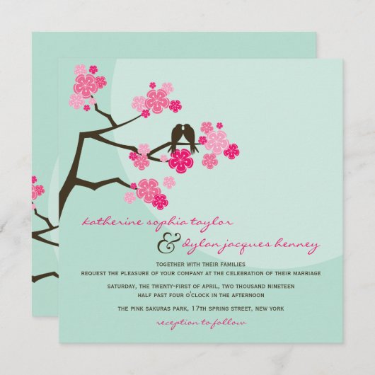 ピンクさくらんぼ桜ラブバード結婚ズ 招待状 (正面/裏面)