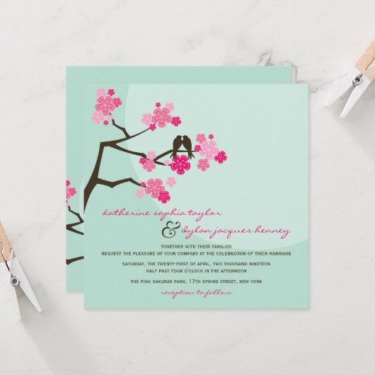 ピンクさくらんぼ桜ラブバード結婚ズ 招待状 (正面/裏面インサイチュ)