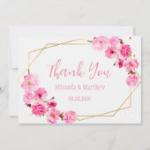 ピンクさくらんぼ花と幾何学的サンキューカード 招待状 (正面)