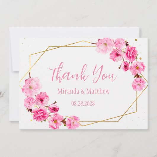 ピンクさくらんぼ花と幾何学的サンキューカード 招待状 (正面)