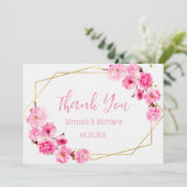 ピンクさくらんぼ花と幾何学的サンキューカード 招待状 (スタンド正面)