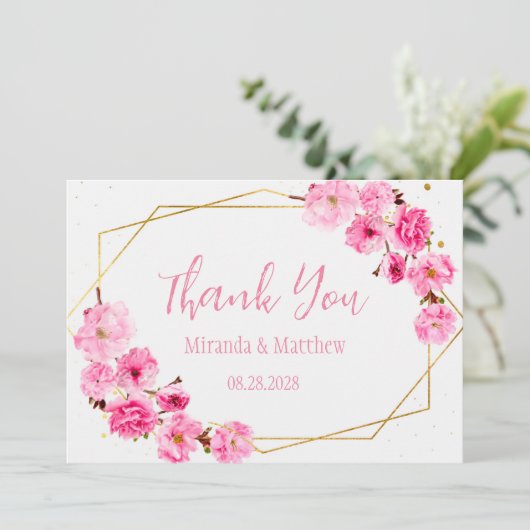 ピンクさくらんぼ花と幾何学的サンキューカード 招待状 (スタンド正面)