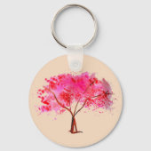 ピンクさくらんぼ花の木の水色 キーホルダー (正面)