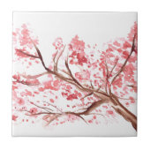 ピンクさくらんぼ花の水色の木かわいらし タイル (正面)