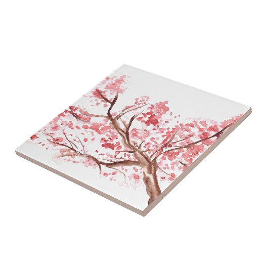 ピンクさくらんぼ花の水色の木かわいらし タイル (側面)