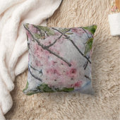 ピンクさくらんぼ花の水色絵を描の クッション (ブランケット)