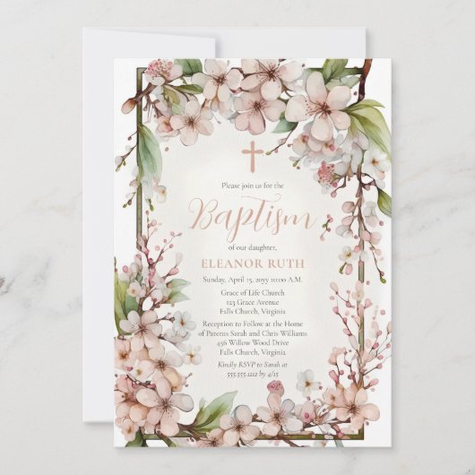 ピンクさくらんぼ花ズガール春フローラバプテスマ 招待状 (正面)