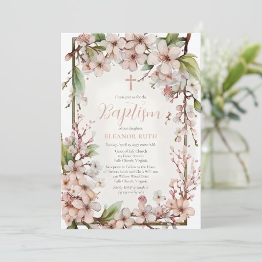 ピンクさくらんぼ花ズガール春フローラバプテスマ 招待状 (スタンド正面)
