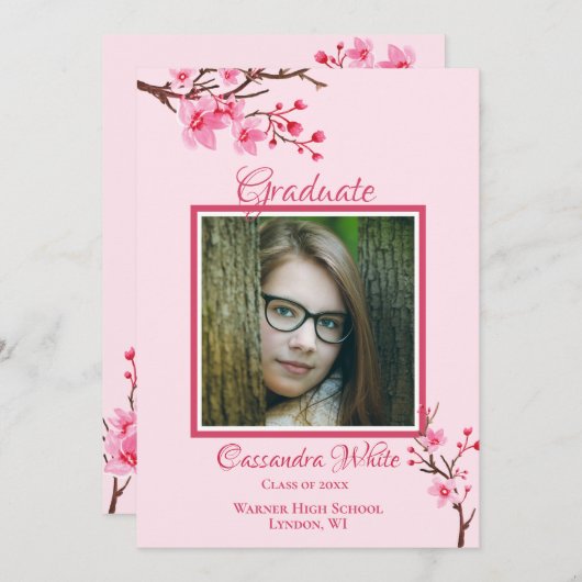 ピンクさくらんぼ花ズ卒業パーティー招待状 案内状 (正面/裏面)