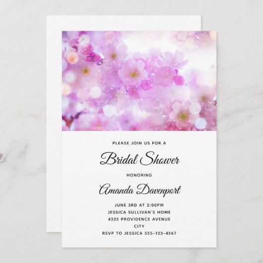 ピンクさくらんぼ花フォトブライダルシャワー 招待状 (正面/裏面)