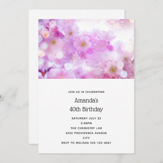 ピンクさくらんぼ花フォト誕生日 招待状 (正面/裏面)