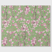 ピンクさくらんぼ花フローラ印刷グリーン ラッピングペーパー (フラット)