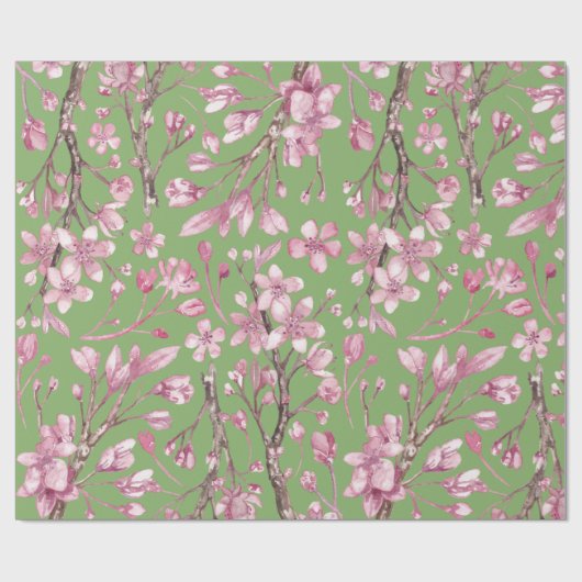 ピンクさくらんぼ花フローラ印刷グリーン ラッピングペーパー (フラット)