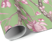 ピンクさくらんぼ花フローラ印刷グリーン ラッピングペーパー (ロールコーナー)