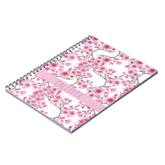 ピンクさくらんぼ花フローラ水彩モノグラム ノートブック (左側)