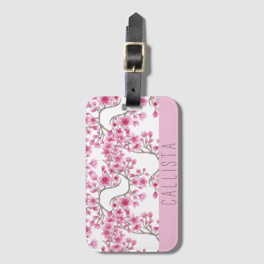 ピンクさくらんぼ花フローラ水彩モノグラム ラゲッジタグ (正面縦)