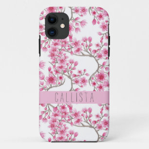 ピンクさくらんぼ花フローラ水彩モノグラム iPhone 11 ケース