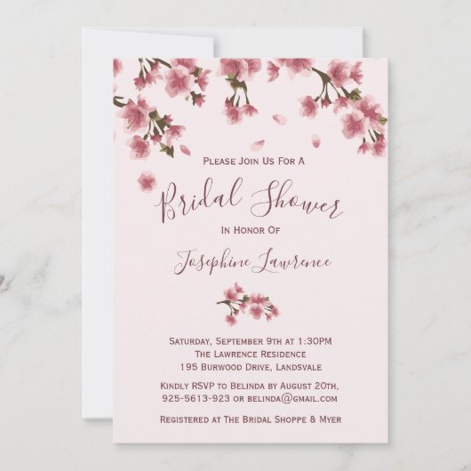 ピンクさくらんぼ花咲きブライダルシャワー招待 招待状 (正面)
