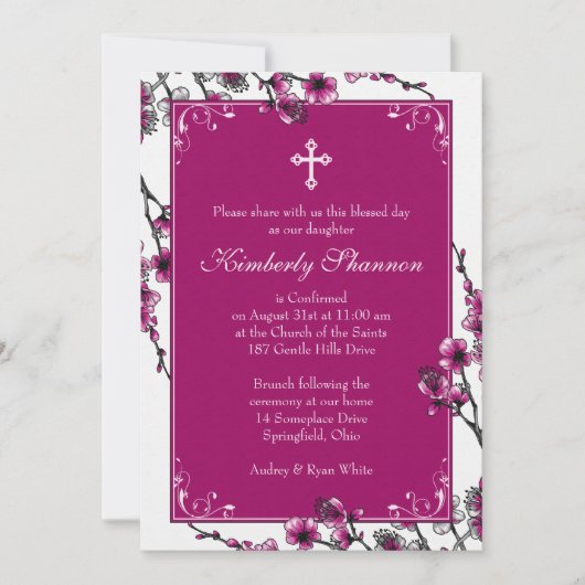 ピンクさくらんぼ花咲き確認招待状 招待状 (正面)