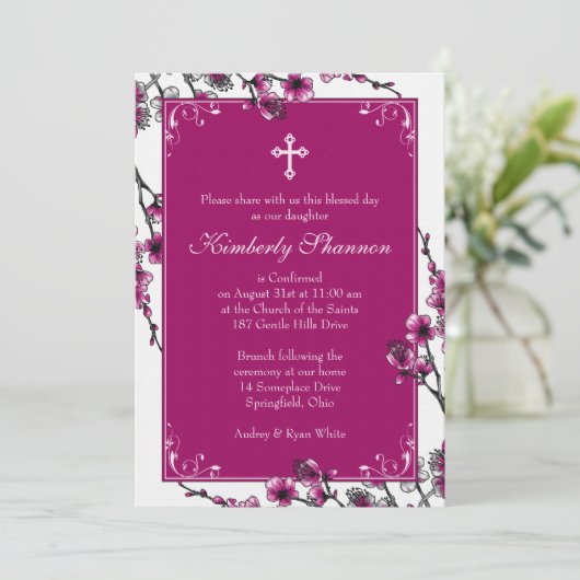 ピンクさくらんぼ花咲き確認招待状 招待状 (スタンド正面)