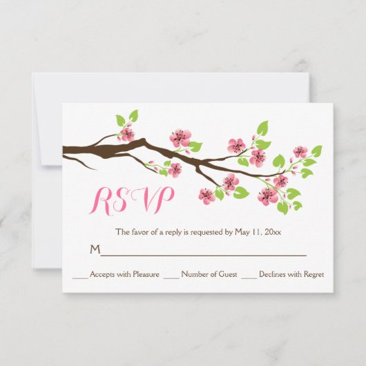 ピンクさくらんぼ花春の結婚式RSVP 出欠カード (正面)